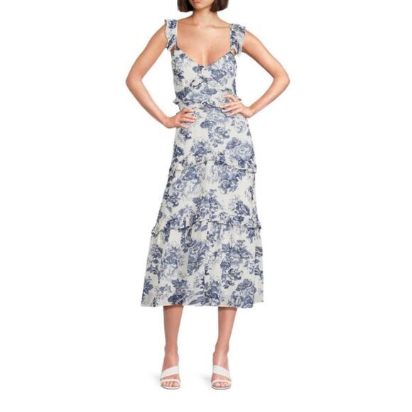 o.p.t Blue & White Ingrid Floral Ruffle Tiered Midi Dress Size Large - Picture 1 of 9